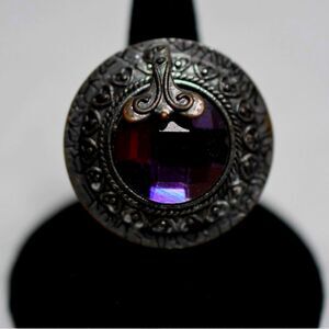 Brushed Silver/Copper Tone Purple Beveled Glass Stone Wire Wap Band Size 7 Ring